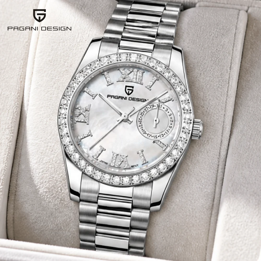 PAGANI DESIGN Women's Quartz Watch Diamond Bezel Top Sapphire Stainless Steel Luxury Elegant Women's Dress Watch+Gift Box