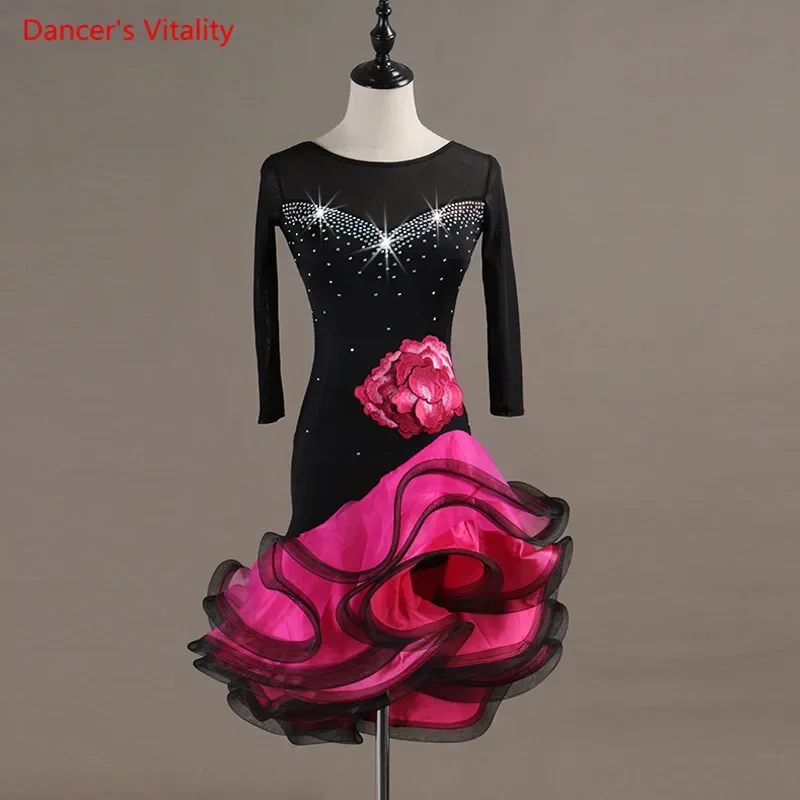 Nuevo vestido de baile latino/mujer/niñas hecho a medida profesional falda de Rumba trajes de salón vestido de baile de manga larga con diamantes de