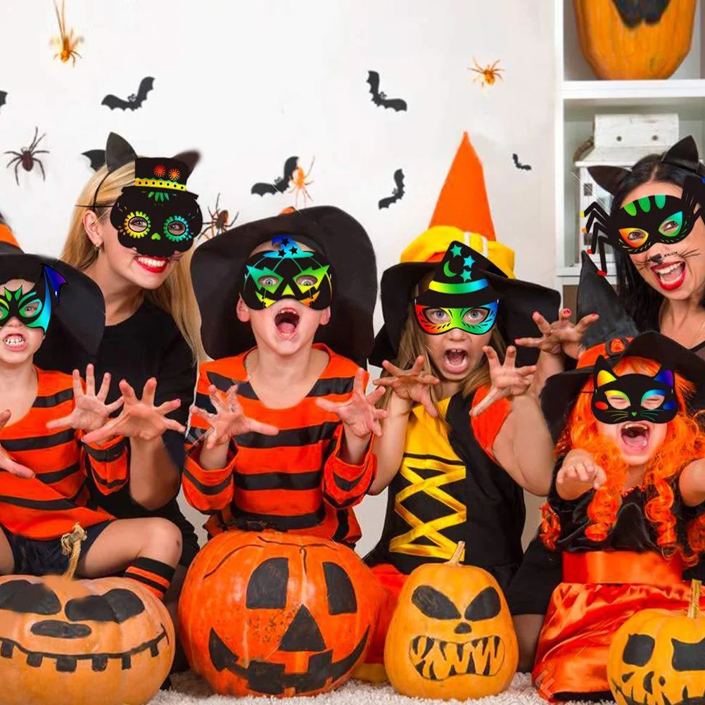 28 Uds. Juguetes para pintar y rayar, máscara de papel, artesanía de Halloween, arcoíris, antiarañazos para niños