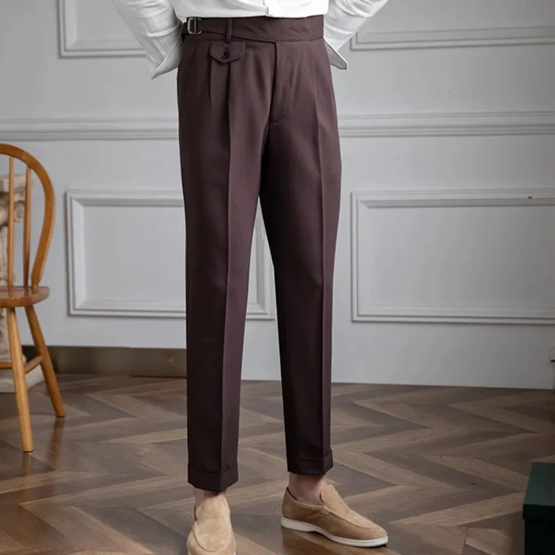 Adjustable High Waist Straight Tube Pants alones Hombre Dress Ankle Men British Social Trousers