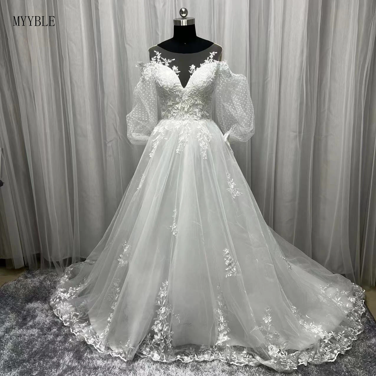 Gaun Pernikahan Applique Renda Foto Asli Gaun Pengantin Vestidos De Novia Lengan Puff Panjang 2022 V-Neck Gaun Pengantin Pantai Ukuran Plus