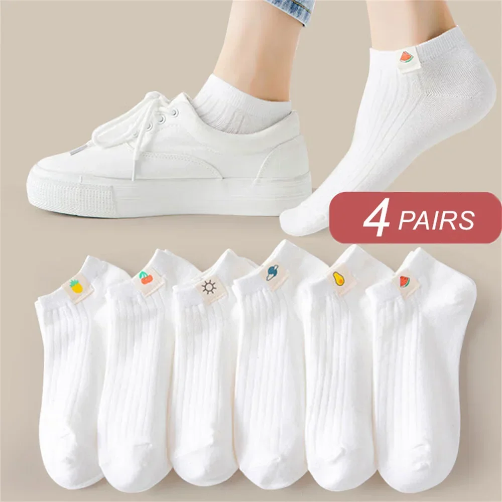 4 Pairs Cartoon Fruit Fabric Label Cotton Short Socks Ankle Low for Women Summer White Girls Sweat-absorbing Boat Invisible Sock