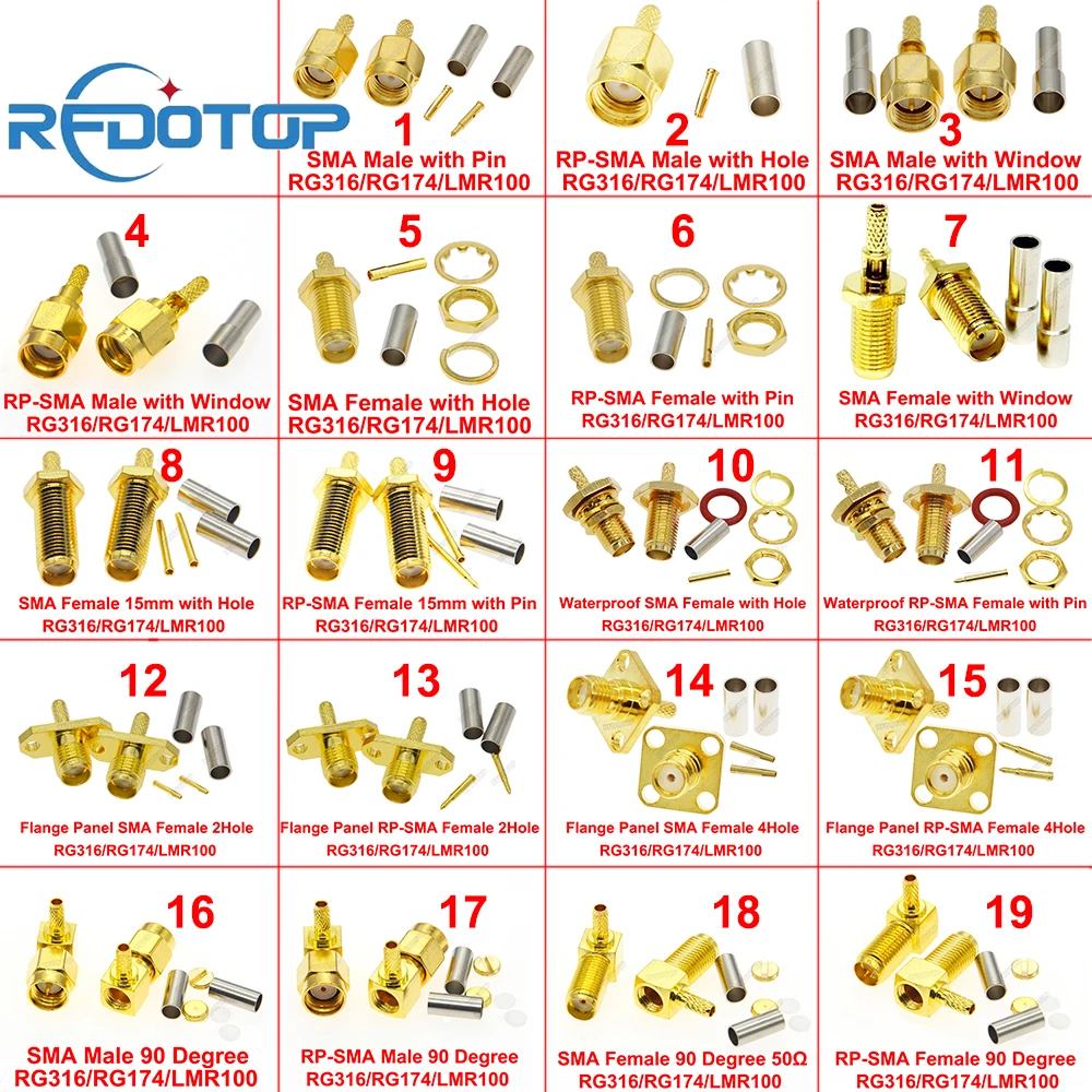 2PCS/lot SMA Connector Crimp RG174/RG316/LMR100 Cable Gold Plated Window RPSMA-J Waterproof 90 Degree RF Connector High Quality