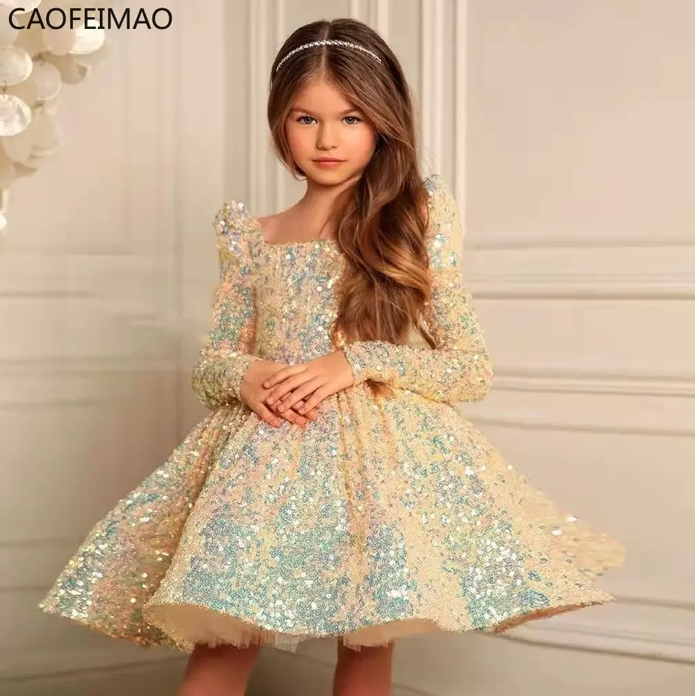 Children One Shoulder Tee Dress Bridesmaid Lace Sequins Bow Birthday Party Princess Dress Piano Performance Bubble Skirt Costume