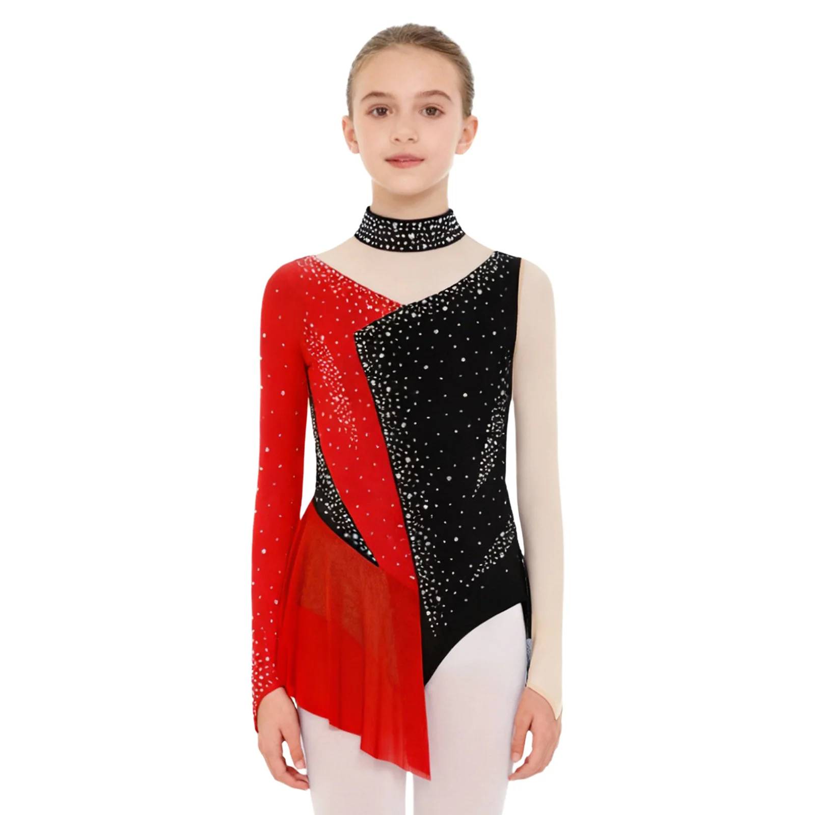 Girls Figure Ice Skating Ballet Dress Skirted Leotard Dress Children Gymnastics Lyrical Dance Costume Tutu Rhinestone Dancewear