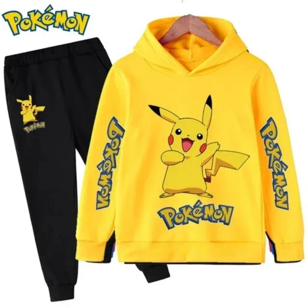 Pokemon Pikachu Cartoon Printed Children Clothing Fashion Hoodie+Pants Suit 2pcs Sets for Boys Girls Spring Autumn Kid Tracksuit