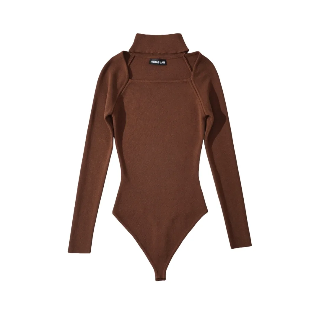 จั๊มสูทบอดี้สูทแขนยาวคอ halter ถักสำหรับผู้หญิง