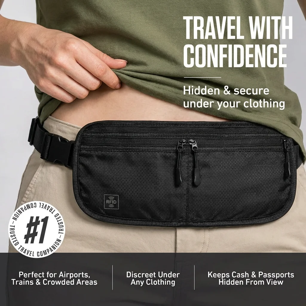 RFID Blocking Travel Waist Pouch Anti-Theft Slim Money Belt with Multi-Wear Design Waterproof RFID Wallet for Cards