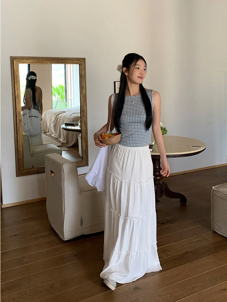 

Весенне-летняя винтажная шифоновая юбка с высокой талией для женщин, эластичная лоскутная длинная юбка трапециевидной формы, белая, черная, шикарная студенческая Frien