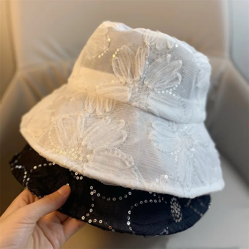 Women\'s Breathable Mesh Lace Fisherman Hat Children Summer Foldable Sun Hat Fashion Shopping Sunscreen Sun Hat Flowers