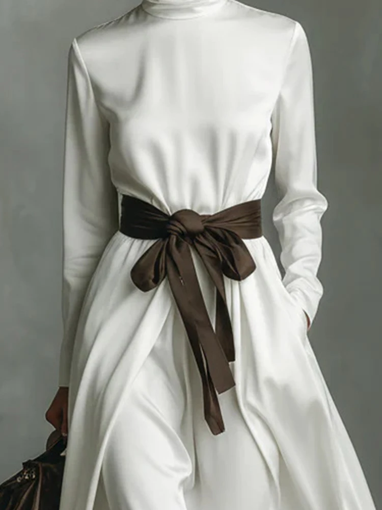 Vestidos Plissados com Amarração na Primavera, Vestido de Noite Elegante com Gola Alta e Manga Longa, Vestido Maxi em Cetim com Cores Contrastantes