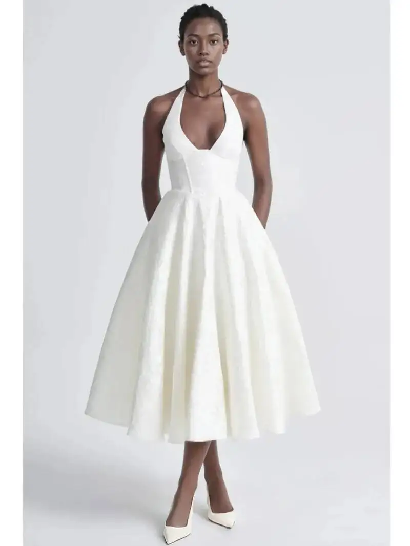 

White Jacquard Pleated Evening Party Dress Women Robes Backless Elegant Sexy Dress Bodycon Long Summer Dress Vestidos