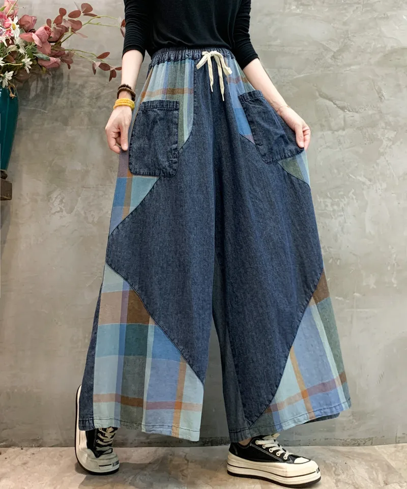 

Высококачественные женские винтажные клетчатые полосатые лоскутные хлопковые джинсовые широкие брюки, женские повседневные уютные джинсы с эластичной резинкой на талии