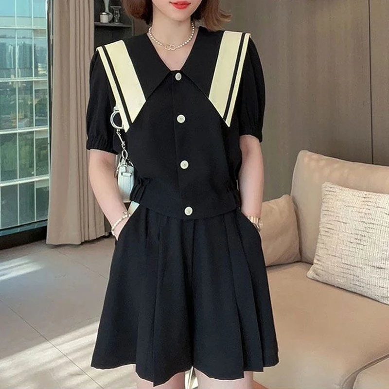 Summer Outfits for Women 2023 Preppy Style Contrast Color Kawaii Sweet Chic Short Sleeve Tops Y2K Pleated Wide Leg Shorts Sets