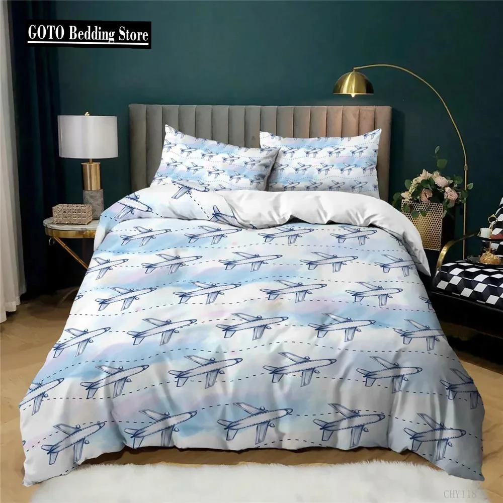 

Print Blue White Airplane Comforter Cover Set for Boy Men Teen Kids Microfiber Duvet Cover with Pillowcase Plane Bed Cover Set