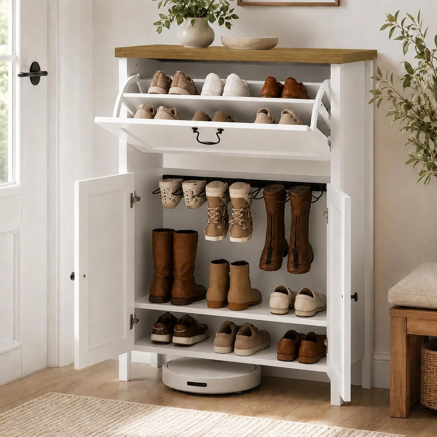 Shoe Cabinet Entryway Flip Drawer Boot Storage Adjustable Shelves 6 Clips 7 Rack, Customized