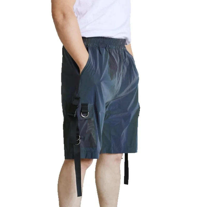 Nuevos pantalones cortos Cargo reflectantes de verano, ropa informal estilo Hip Hop para hombre, pantalones holgados Techwear, moda de venta al por menor, pantalones de pierna ancha que brillan