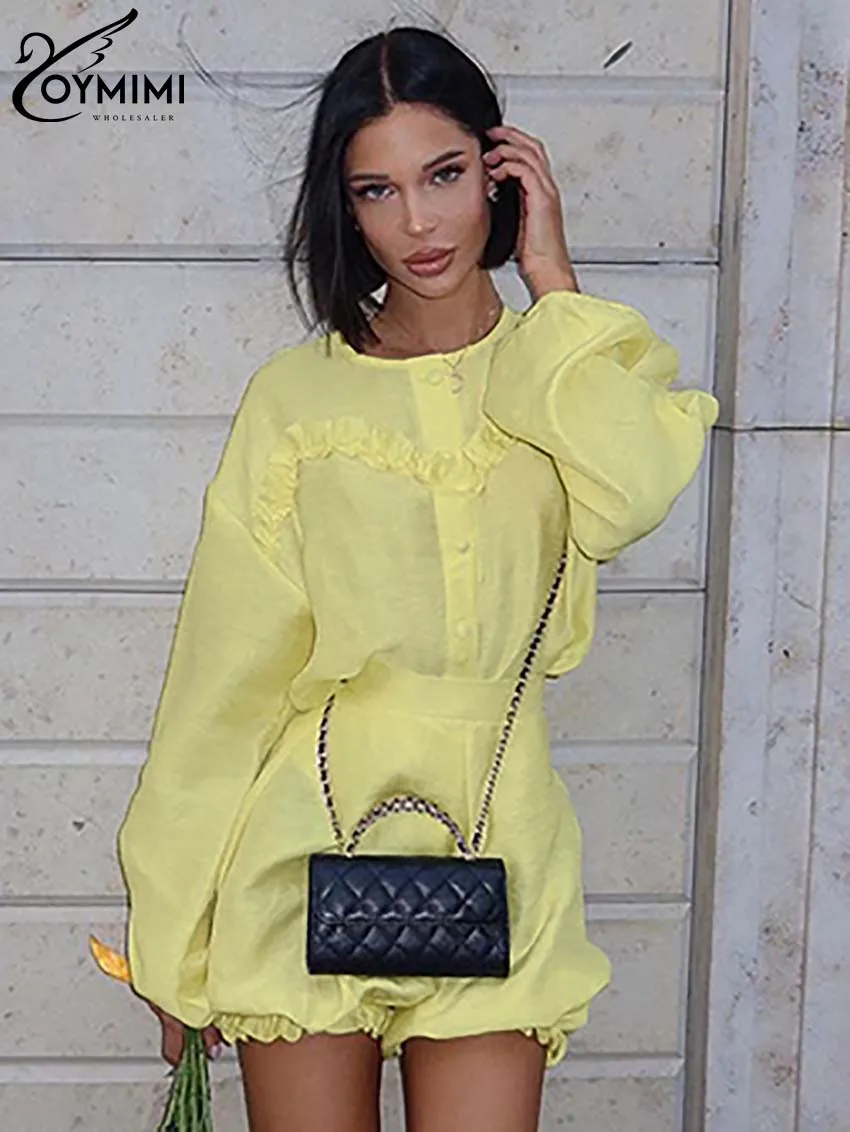 Oymimi Fashion Yellow 2 Piece Sets Women Outfit Elegant O-Neck Long Sleeve Ruffled Button Shirts And High Waisted Shorts Sets