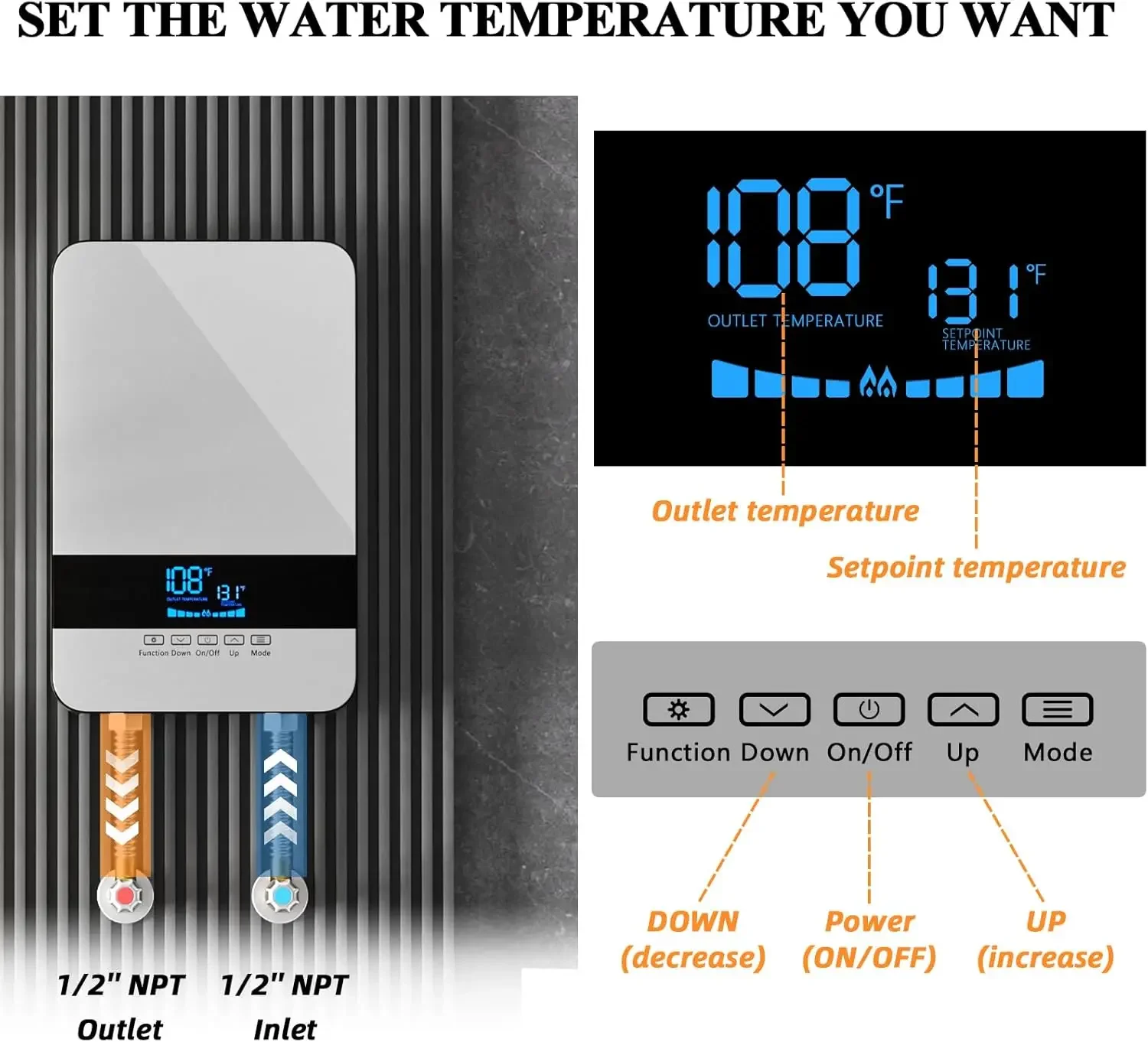 Calentador de agua eléctrico, calentador de agua caliente bajo demanda de uso de 8,5 kW y 240 V, calentador de agua caliente instantáneo debajo del fregadero con pantalla Digital