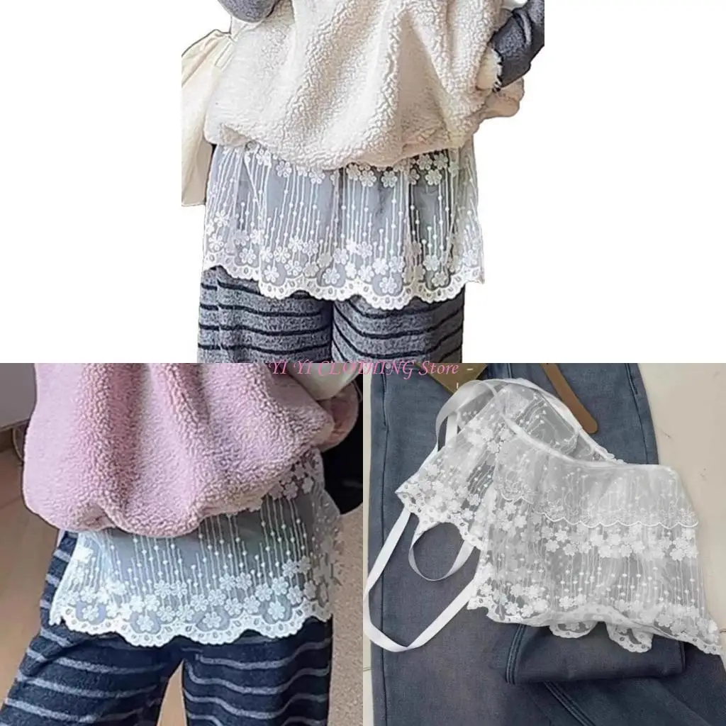 

N5KF Women Ruffle Lace Shirt Extender Layering Fake Top Lower Shirt Hemline Half Length Skirt Tieback Lace Underskirts