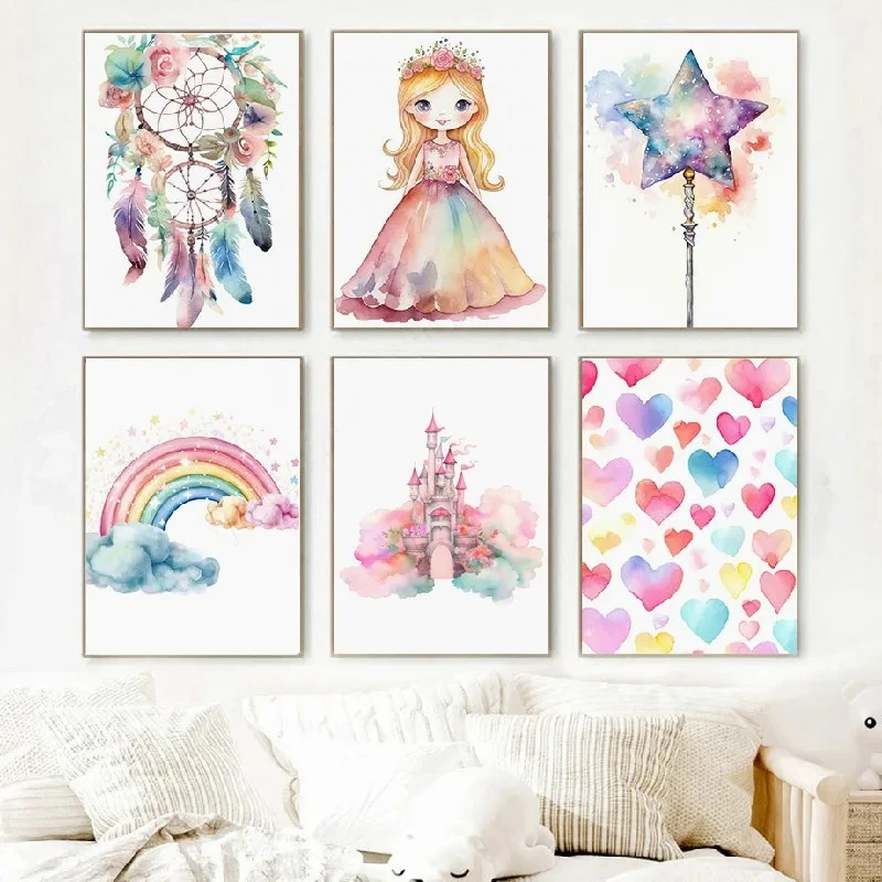 Dreamcatcher Princess Unicorn Girl Fairy Castle Colorful Wall Art Canvas Painting Posters and Prints Picture for Kids Room Decor