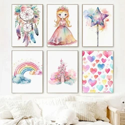 Atrapasueños de princesa, unicornio, Castillo de hadas, arte de pared colorido, pintura en lienzo, carteles e impresiones, imagen para decoración de habitación de niños