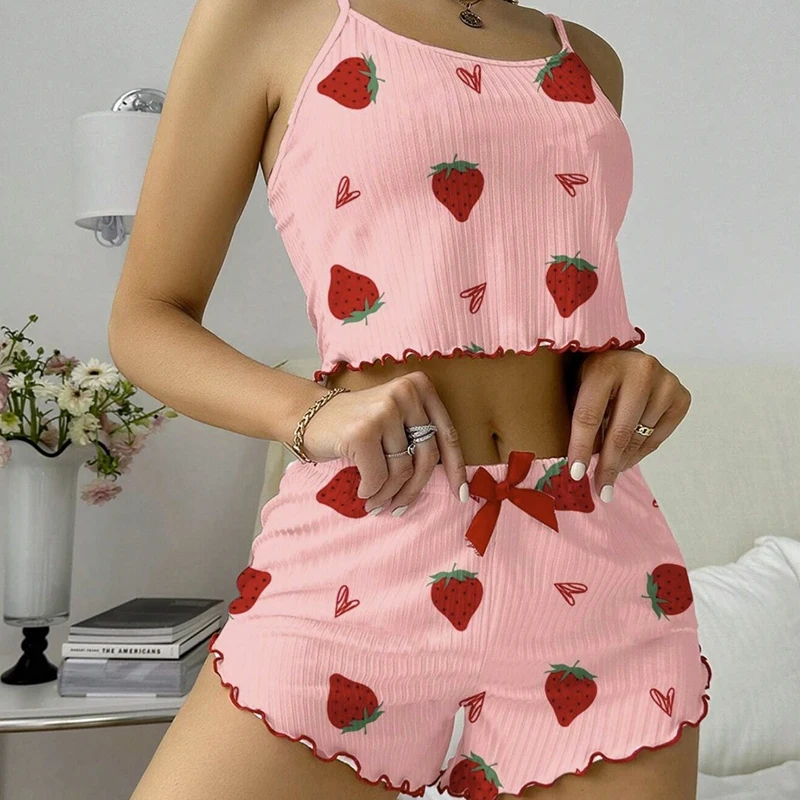 สาวฤดูร้อนรักพิมพ์ความปรารถนาที่บริสุทธิ์ชุดนอนสายรัดกางเกงขาสั้นชุดเสื้อผ้าหน้าแรก