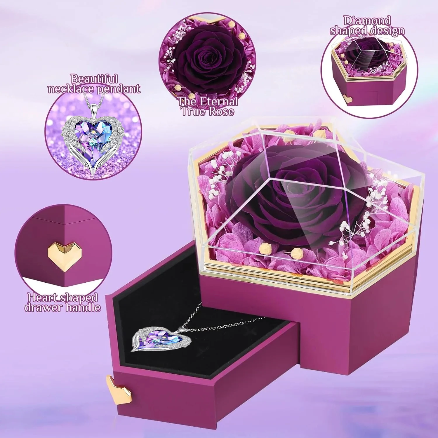 Valentine's Day Gift Ocean Heart Love Necklace with Eternal Rose Jewelry Box For Girl