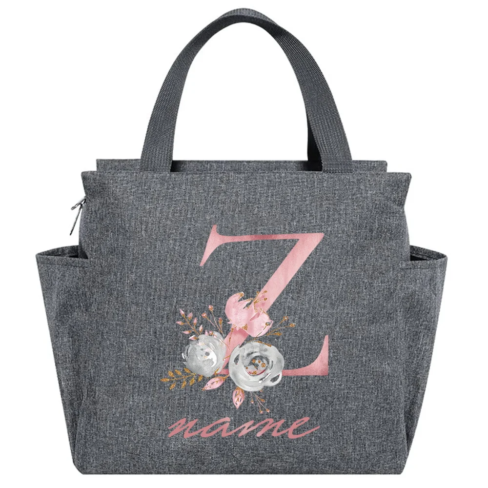 Custom Name Pink Letter Lunch Bag Insulated Thermal Canvas Handbag Picnic Unisex Travel Lunch Box Portable Food Tote Bags