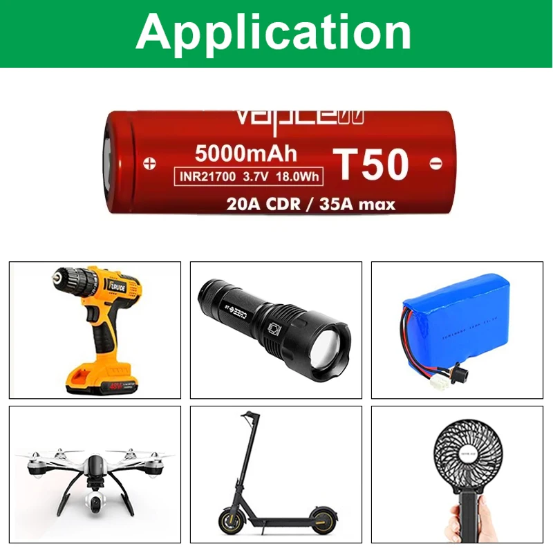 Batteria al litio originale Vapcell T50 21700 5000mah 3.7V 35A batterie ricaricabili portatili ad alta corrente 21700 per utensili elettrici