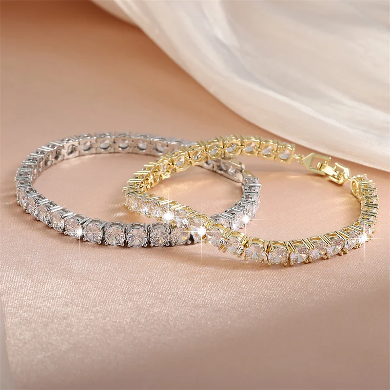 Uilz Round Cubic Zirconia Crystal Bracelets for Women Men White/Rose Gold/Gold Color Luxry Shiny Bracelet Bridal Wedding Jewelry