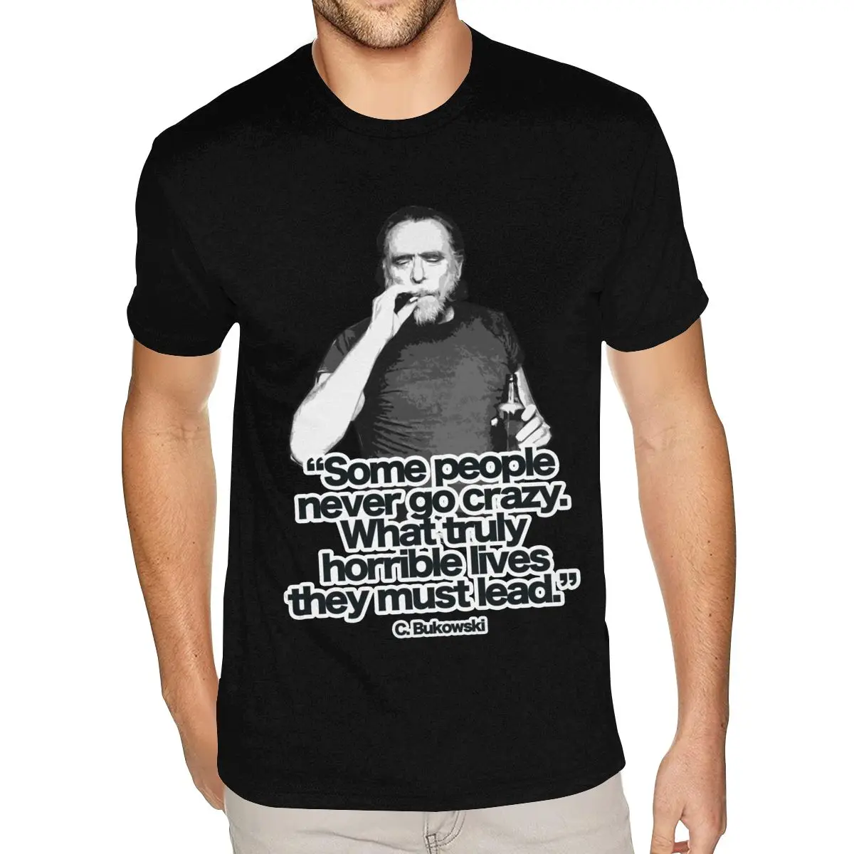 Printed Charles Bukowski Tee Shirt Men's Custom Printing Short Sleeved Heavy Cotton Black Crew Neck Tshirt