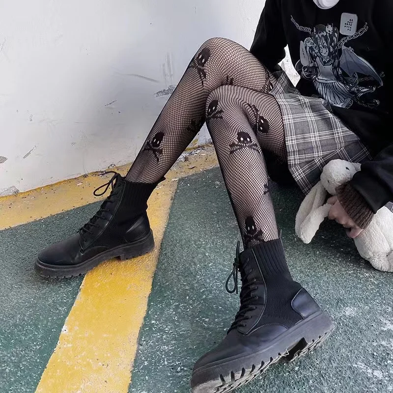 Fishnet Gothic Punk Stil Mesh Schädel Druck süße Strumpfhosen Piraten Halloween Kostüm Sexy Strumpfhosen JK Party Club Kawaii Strumpf – Detail 3