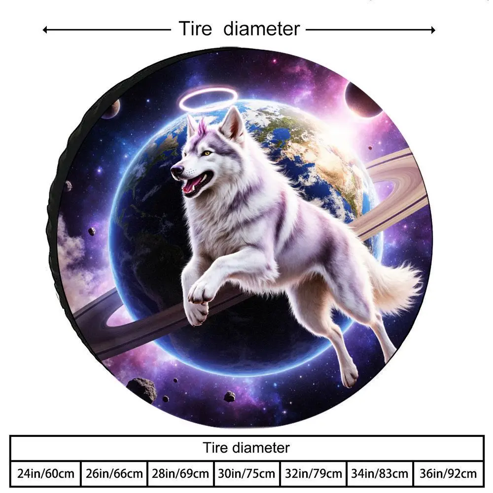 Space Fantasy Maestoso Perro Blanco Con Acentos Púrpuras Y Halo Luminoso |   Para cubierta de neumático Saturn Earth Starry Sky para SUV, camioneta,