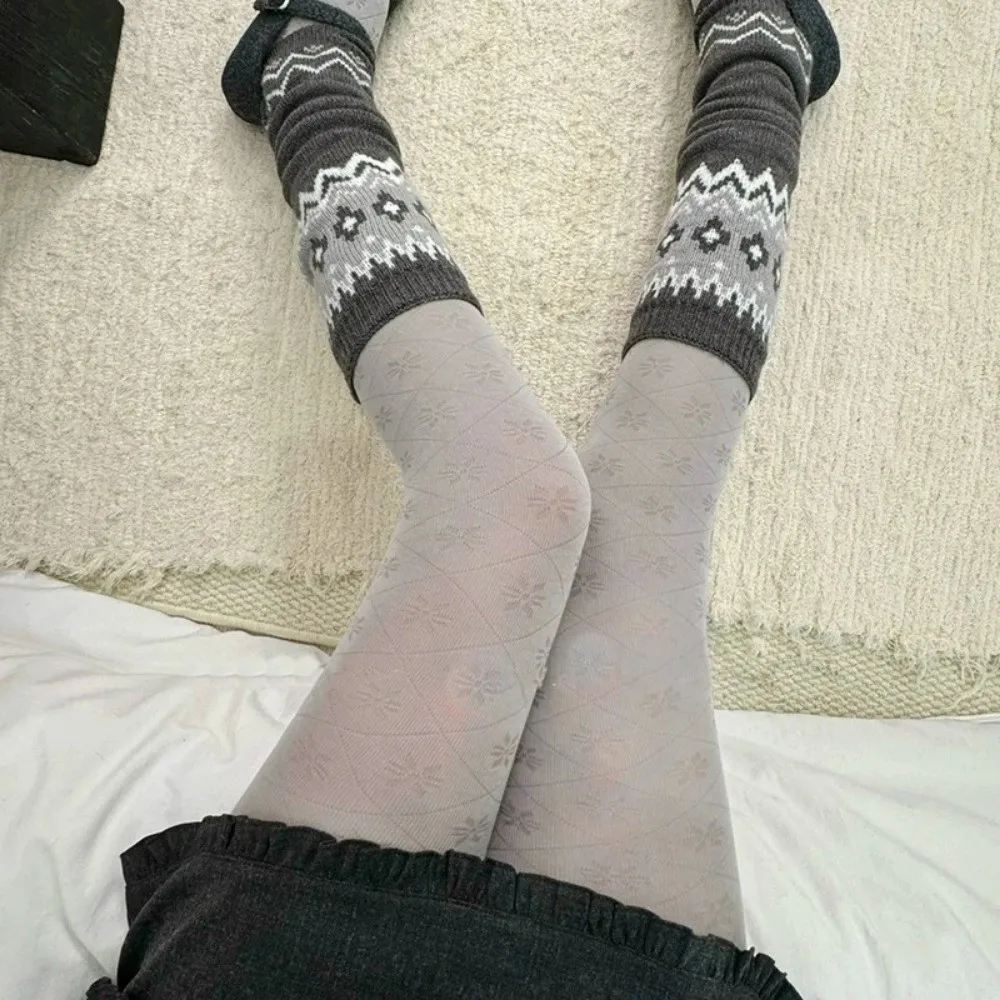 

Vintage Autumn Snowflake Tights Soft Cotton Base Layer Pantyhose Seamless Embroidered Thin Stocking Women's Leggings