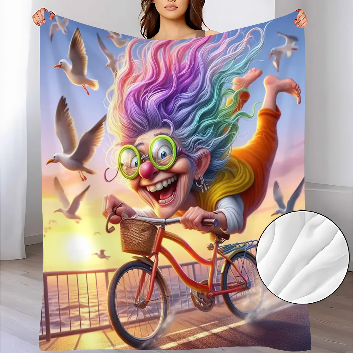 A Vibrant And Crazy Pattern of a Grandmother Riding a Bicycle on a Soft And Warm Flannel Throw Blanket, Perfect for a Sofa, Home