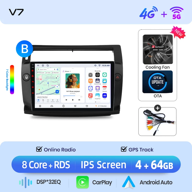 Junsun draadloze CarPlay Android Auto autoradio voor Citroen C4 Mk1 (LA/LC) 2004-2011 met ingebouwde koelventilator, Android GPS navigatie, multimediaspeler, WiFi, DSP, RDS, BT, SWC, IPS touchscreen,