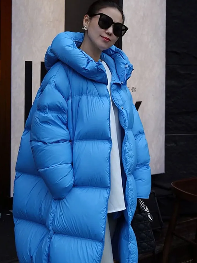 Korean Style Women Blue Hooded Down Jacket Single Breasted Loose Fit Warm Mid-length Puffer Jackets Autumn Casual Long Outerwear