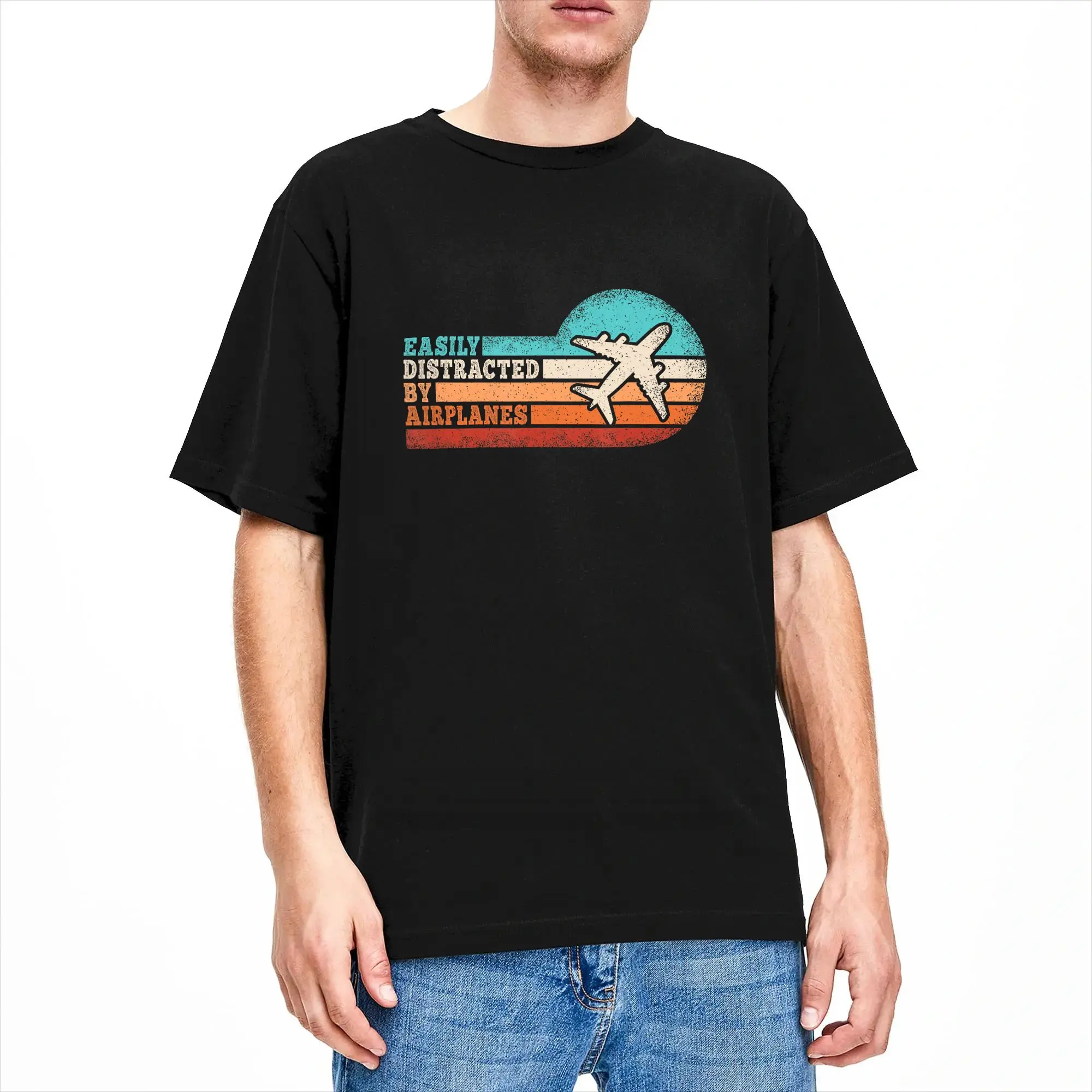 Men T-Shirts Easily Distracted by Airplanes Funny Pilot Aviation Novelty Cotton Tees Short Sleeve  T Shirt Round Collar Tops