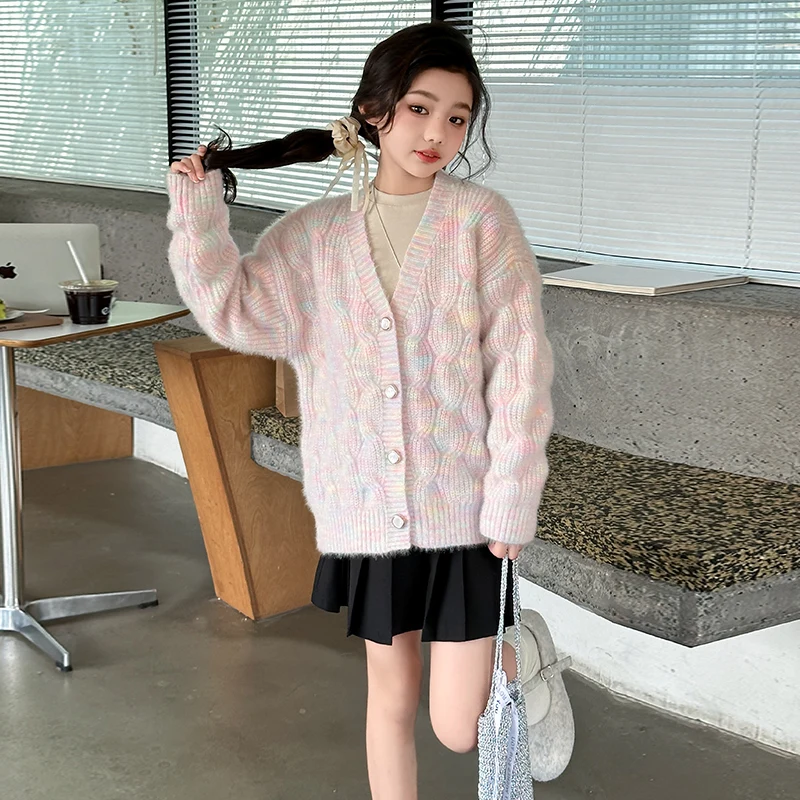 High Fashion Children Colorful Cardigan with Buttons for Tweens Girls Spring Autumn Cable Knit Sweater Kids New Design Knitwear