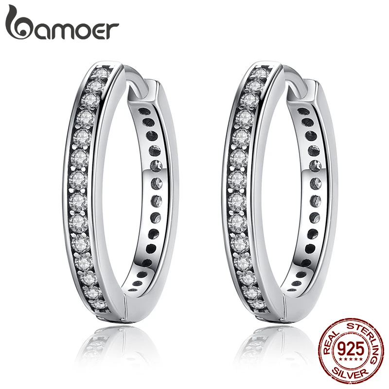 BAMOER 925 Sterling Silver CZ Simple Female Hoop Earrings Jewelry for Women Sterling Silver Jewelry PAS456