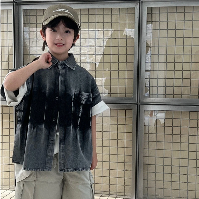 2026 Spring/Summer Children's Retro Handmade Color Wash Thin Denim Short Sleeve Shirt