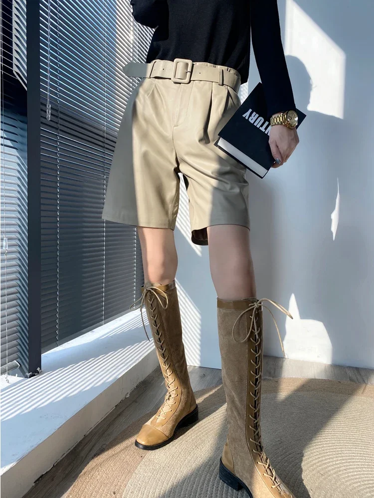 봄 100% 양가죽 버뮤다 반바지 여성용 스트레이트 웨이스트 리얼 가죽 캐주얼 팬츠 벨트 포함 시크 여성 의류