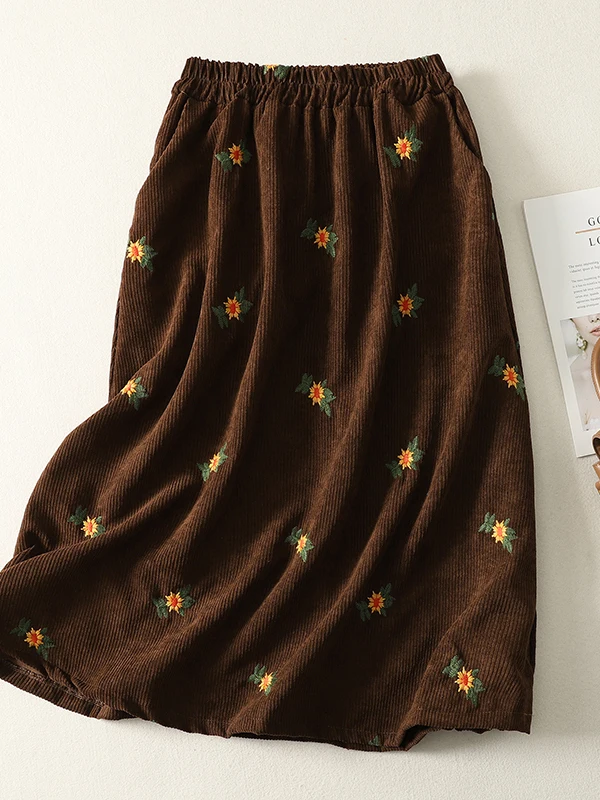 

Вельветовая юбка трапециевидной формы с вышивкой в стиле ретро, женский универсальный осенне-зимний свитер, длинная юбка, повседневная хлопчатобумажная ткань