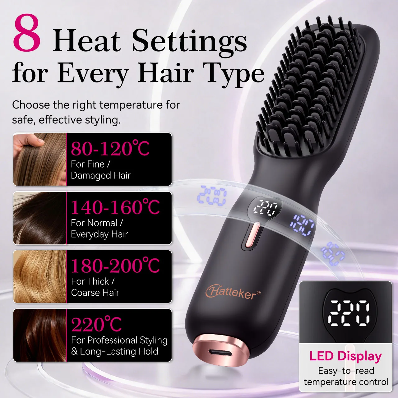 Hatteker Wireless Hair Straightening Comb Portable USB Multi-temperature Control Straightener And Curler for All Hair Types 2