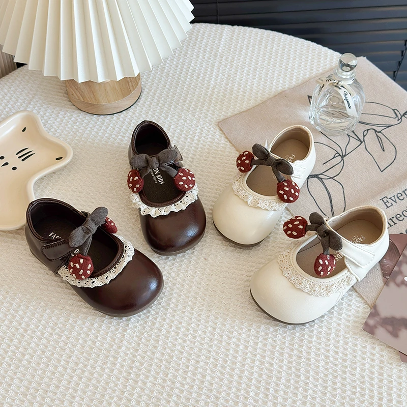 2026 New Girls Leather Shoes round Headed Cherry Bow Princess Style Casual Shallow Mouth Children's Shoes Fashion Kid's Shoes