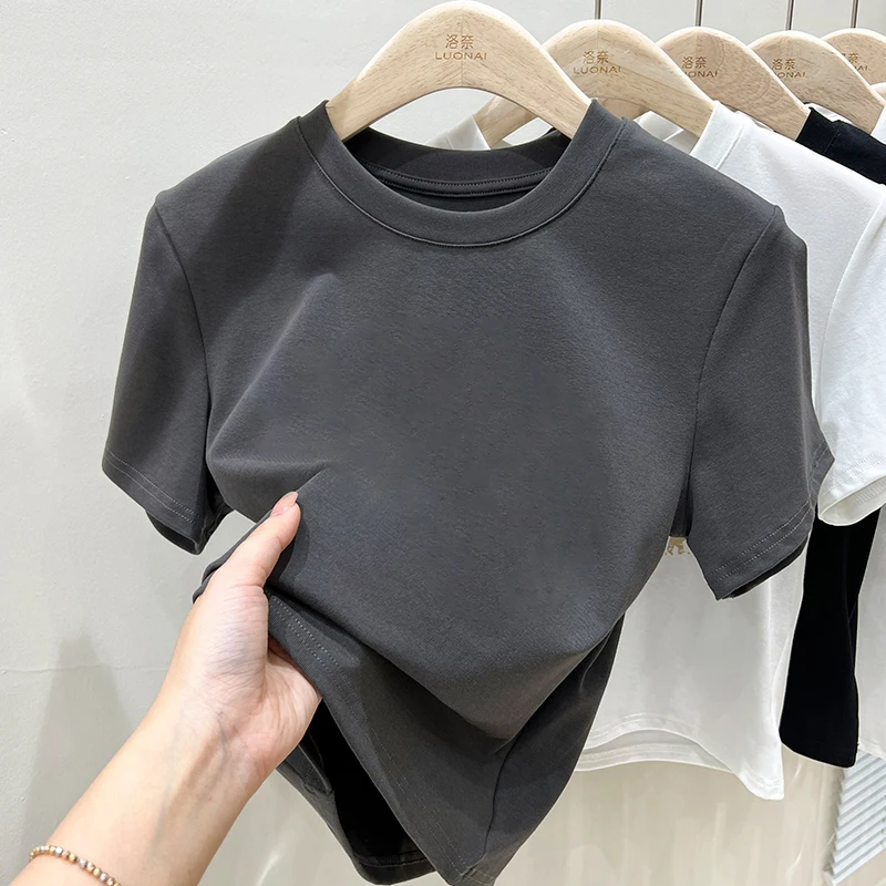 Vintage Solid Color T Shirt Women Y2k Crop Top O-neck Tee Streetwear Short Sleeve T-shirt Summer New Skinny Casual Tops