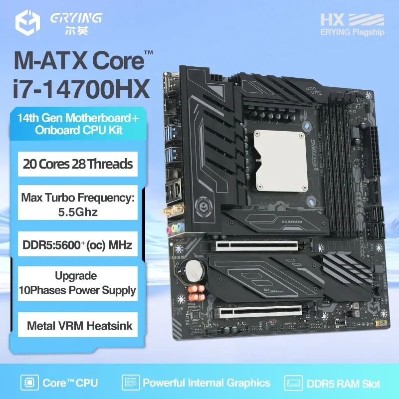 ERYING DIY Gaming PC Motherboard with Onboard Core CPU Interpose Kit i7 14700HX DDR5 RAM 20C28T Desktop Computers Assembly Set