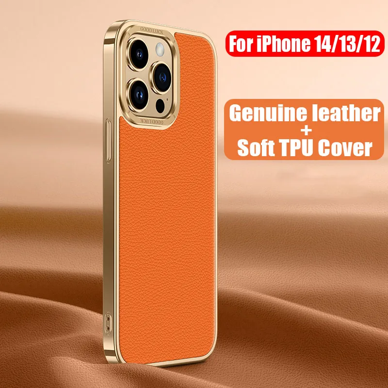 

Fashion Genuine Leather Back Electroplated Soft TPU Silicone Cover Case For iPhone 15 14 13 12 Pro Max