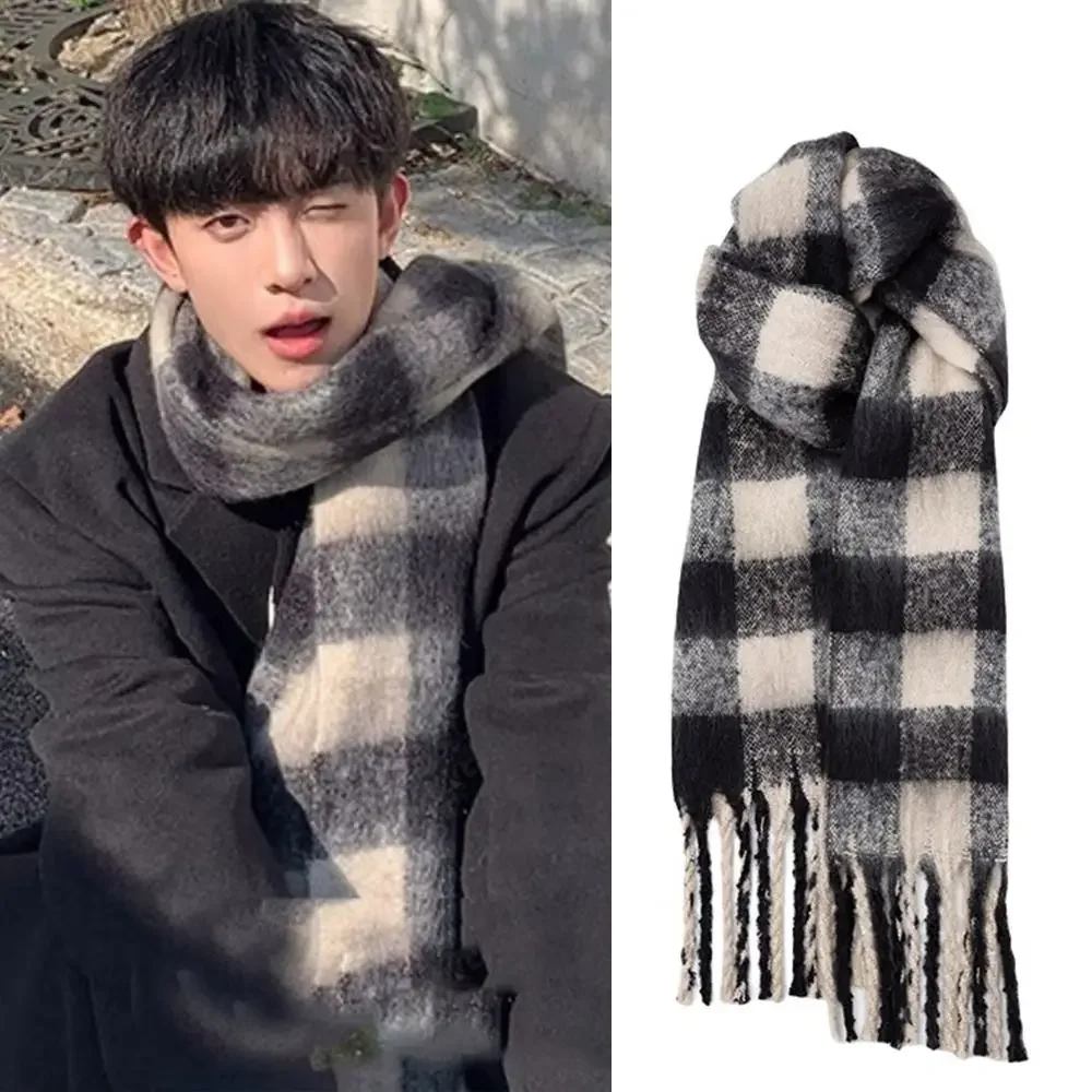 

High Quality Korean Men's Striped Plaid Scarf Fluffy Soft Winter Cashmere Scarf Casual Tassels Checkered Scarf Male